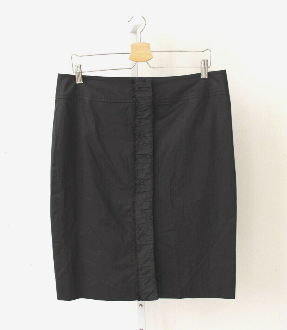 TALBOTS Sz 12 Ruffled Button Front Straight Skirt Above Knee Pencil Sateen Black